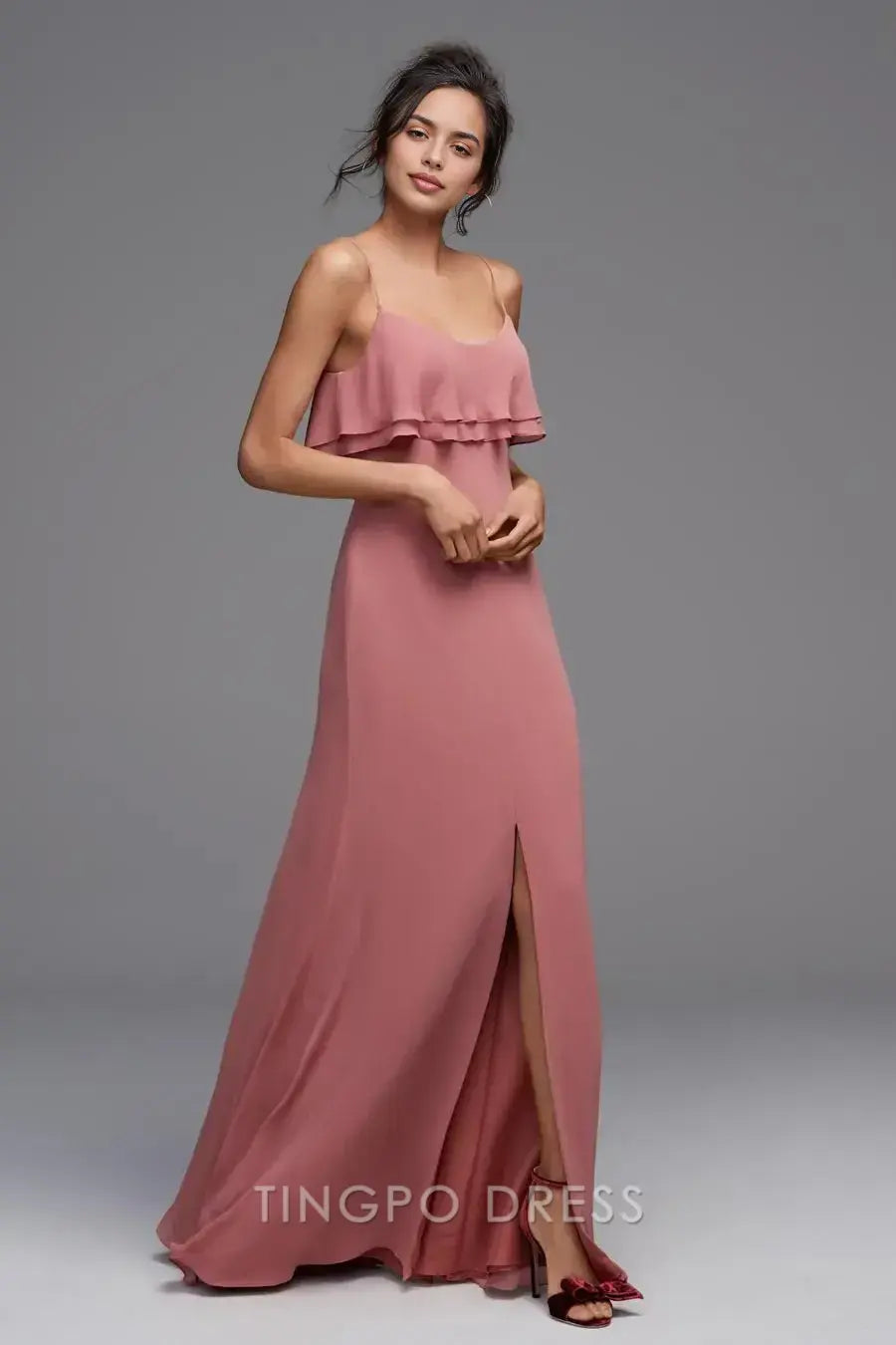 TingPo Wholesale Elegant Blush Pink Spaghetti Strap Dress - Double Ruffled Bodice Maxi Evening Gown
